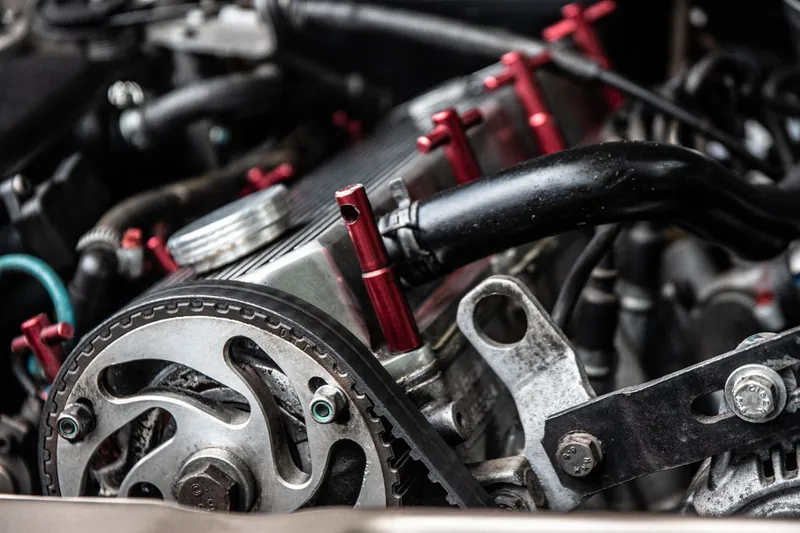 Motor üzerindeki dişli kayış ve kasnak mekanizmasının yakın planı